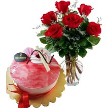 6 Red Roses in Vase with Strawberry Mousse Cake by Nutrient Cake