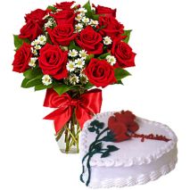 12 Red Roses with Vanilla Heart Cake by Skylark