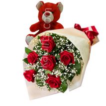Send to 6 Red Roses in Bouquet & Lovely Red Teddy Bear to Dhaka