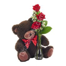 Send to 3 Red Roses with FREE vase & Lovely Teddy Bear to Dhaka