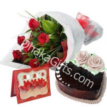 Send 6 Roses in Bouquet with Chocolate Cake to Dhaka in Bangladesh