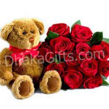 Send to 12 Red Roses with Lovely Brawn Teddy Bear to Dhaka