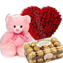 50 Red Roses,Pink Bear with Ferrero Rocher Chocolate Box