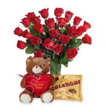 Send 12 Red Roses,I Love U Bear with Toblerone Chocolate