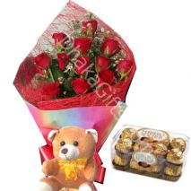 Send 12 Red Roses,Bear with Ferrero Rocher Chocolate