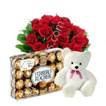 Send 12 Red Roses,White Bear with Ferrero Rocher Chocolate Box