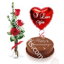 Send 3 Red Roses W/ FREE Vase & Anniversary Balloon with Cake to Dhaka