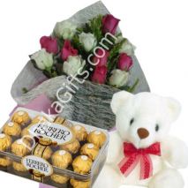 6 Mixed Roses Bouquet,White Bear with Ferrero Rocher Chocolate to dhaka