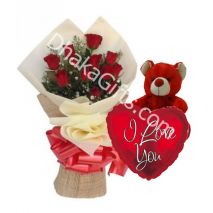 6 Red Roses Bouquet,Red Bear with mylar to Dhaka
