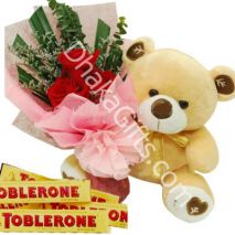 Red Roses Bouquet, Brawn Bear with Toblerone milk Chocolate to Dhaka