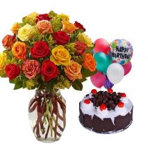 Send to 24 Mixed Roses in FREE Vase with Cake & Balloon to Dhaka