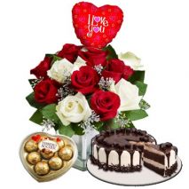 Send to 12 White & Red Roses In FREE Vase, Cake with Ferrero Heart Shape Chocolate & Balloon to Dhaka