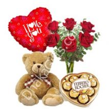 Send 6 Red Roses Vase,Brown Bear,Ferrero Rocher Chocolate with I Love U Balloon to Dhaka in Bangladesh