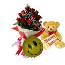 Send to 12 Pink Roses Bouquet,Bear,Toblerone Milk Chocolate with Balloon to Dhaka