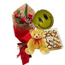 Send to 3 Red Roses Bouquet,Bear,Ferrero Rocher Chocolate Box with Balloon to Dhaka