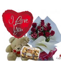 Send 12 Red Roses Bouquet,Brown Bear,Ferrero Rocher Chocolate with I Love U Balloon
