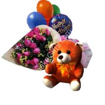 send to 12 mixed roses in bouquet,bear with happy birthday balloon to dhaka