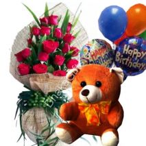 Send to 12 Red Roses in Bouquet,Brawn Bear with Happy Birthday Balloon to Dhaka