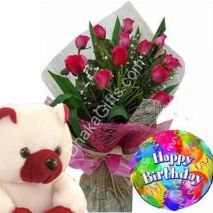 Send to 12 Pink Roses,Bear with Happy Birthday Balloon to Dhaka