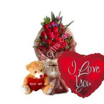 Send to 12 Mixed Roses in Bouquet,medium Bear with I Love you Balloon to Dhaka