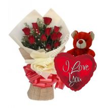 Send to 12 Roses in Bouquet,Red Bear with I Love you Balloon to Dhaka