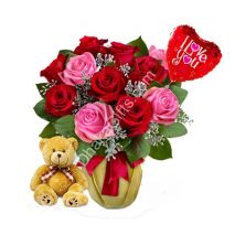 Send to 12 Mixed Roses in FREE Vase,Brawn Bear with I Love you Balloon to Dhaka