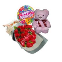 Send to 24 Red Roses in Bouquet,Pink Bear with Anniversary Balloon to Dhaka