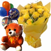 Send to 12 Yellow Roses in Bouquet,Brawn Bear with happy Birthday Balloon to Dhaka