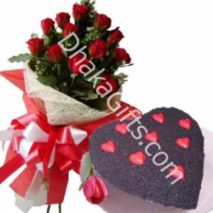 Send 12 Red Roses in Bouquet with Chocolate Cake to Dhaka in Bangladesh