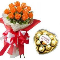 Send to 12 Orange Roses Bouquet with Heart Ferrero Chocolate to Dhaka