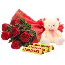 6 Red Roses & Toblerone Chocolate w teddy Bear