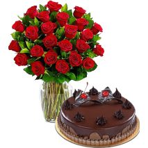 24 Red Roses with Chocolate Cake by Tasty Treat