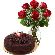 6 Red Roses with Chocolate Lady Cake by Tasty Treat