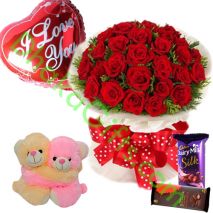 24 Roses with chocolates,Mylar Balloon & Hug Bear