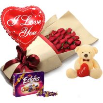 12 Red Roses With Small bear,Eclairs Chocolate in box & Balloon
