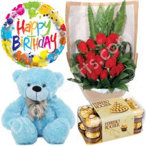 12 pcs Red Roses With Bear,Ferrero Rocher Chocolate & Balloon