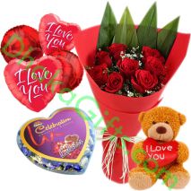 send roses bouquet with eclairs chocolate in box,balloon & bear to bangladesh