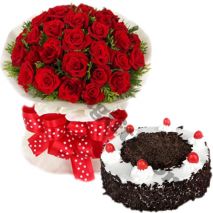 24 red roses with black forest round cake by well food