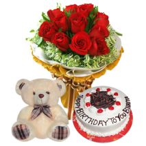 Small Teddy with 12 Red Roses and Cake by Well Food