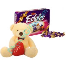 Medium teddy Bear With imported Eclairs Chocolate in a box