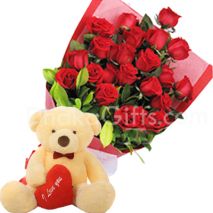 24 Red Roses Bouquet with Small love Bear