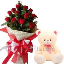 12 Red Roses in Bouquet & Lovely Teddy Bear