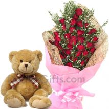24 Red Roses Bouquet with Cute Medium size teddy Bear