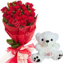 24 Red Roses Bouquet With Medium teddy Bear