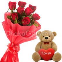 8 Red Roses Bouquet with teddy Bear