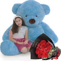 12 Red Roses Bouquet with 5 Feet Big Bear