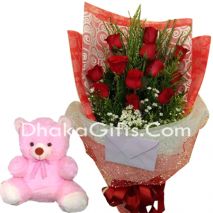 12 Mixed Roses Bouquet With Medium Teddy Bear