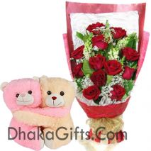 12 Roses & Seasonal Flower With Lovely Medium Teddy Bear