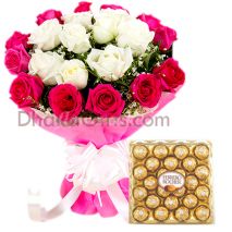 send 24 pcs red & white roses with ferrero chocolate box
