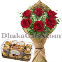 16 pieces ferrero chocolates with 6 red roses bouquet to philippines